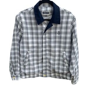 Trady Mens L Plaid Harrington Jacket White Black Navy Blue Textured Zip Up Golf